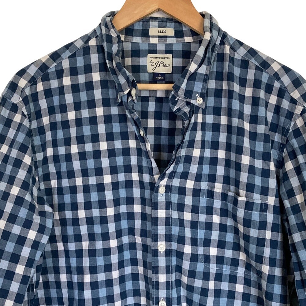 J. Crew Mens Navy White‎ Slim Plaid Check Button Down Shirt Size Large Classic